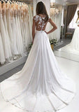 Appliqued Chiffon A-Line Wedding Dress with Bateau Neckline and Court Train BM bride