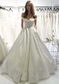 Stylish Taffeta A-Line Wedding Dress with Off-the-Shoulder Neckline and Court Train BM bride