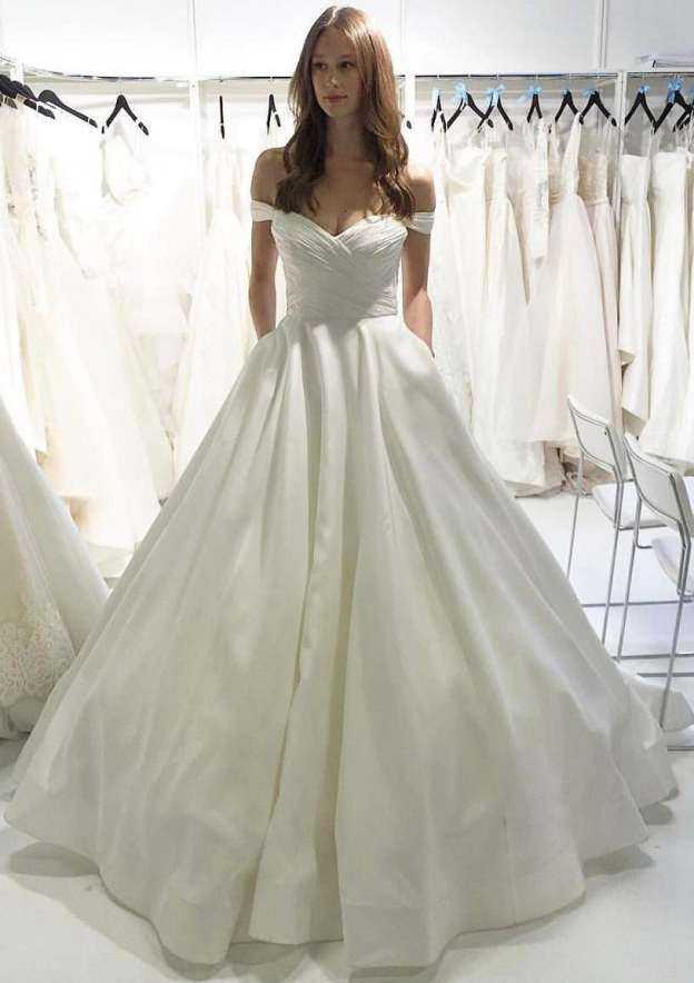 Stylish Taffeta A-Line Wedding Dress with Off-the-Shoulder Neckline and Court Train BM bride