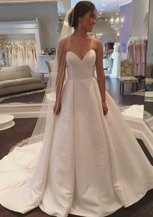 Elegant Satin A-Line Wedding Dress with Strapless Bodice and Court Train BM bride