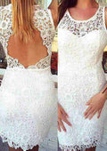 Playful Short/Mini Lace Wedding Dress with Bateau Neckline in Sleek Sheath/Column Style BM bride