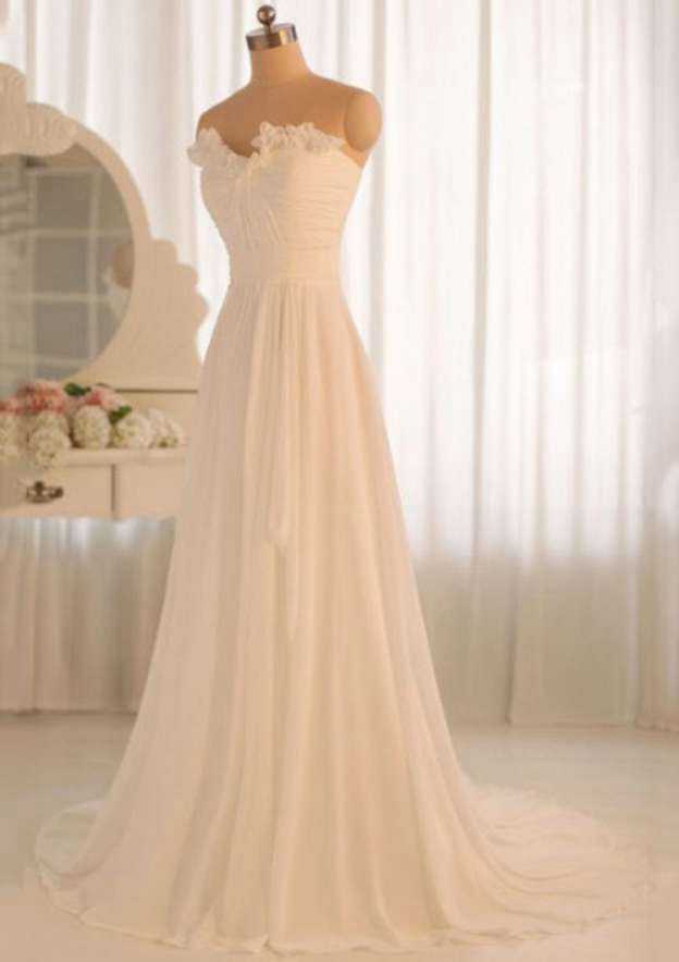 Beautiful Chiffon A-Line Wedding Dress with Strapless Bodice and Pleated Detail BM bride