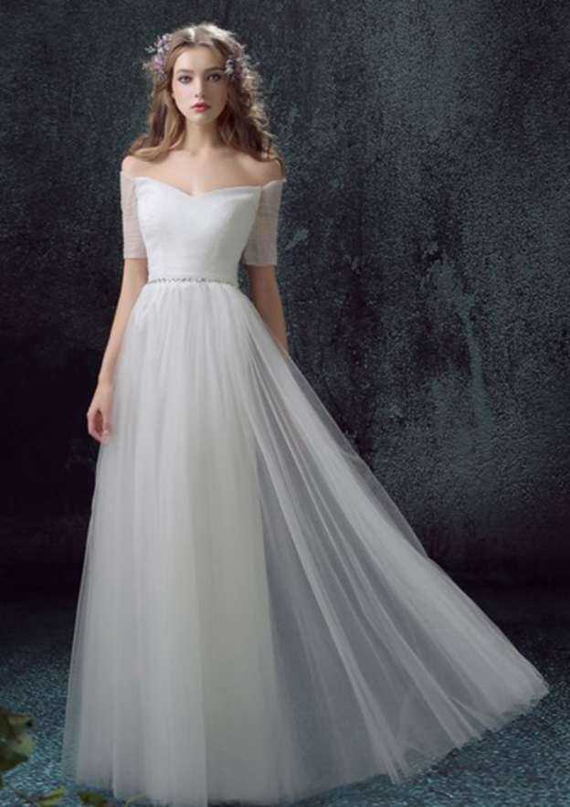 Charming Tulle A-Line/Princess Off-the-Shoulder Long/Floor-Length Wedding Dress with Beaded Accents BM bride