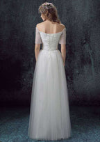Charming Tulle A-Line/Princess Off-the-Shoulder Long/Floor-Length Wedding Dress with Beaded Accents BM bride