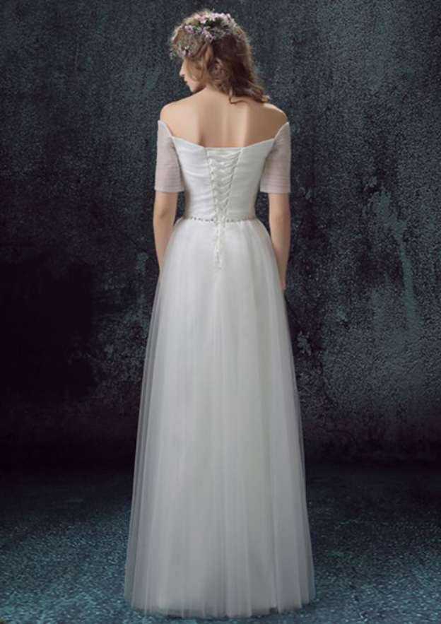 Charming Tulle A-Line/Princess Off-the-Shoulder Long/Floor-Length Wedding Dress with Beaded Accents BM bride