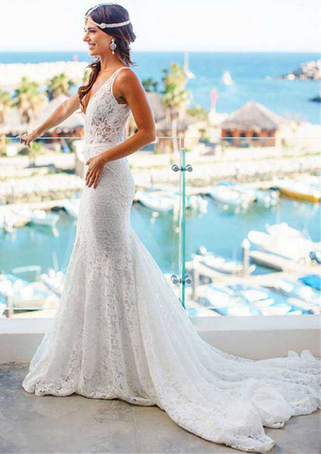 Elegant Trumpet/Mermaid Lace Wedding Dress with V-Neck and Pleated Detailing BM bride