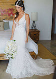 Elegant Trumpet/Mermaid Lace Wedding Dress with V-Neck and Pleated Detailing BM bride