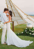 Elegant Trumpet/Mermaid Lace Wedding Dress with V-Neck and Pleated Detailing BM bride