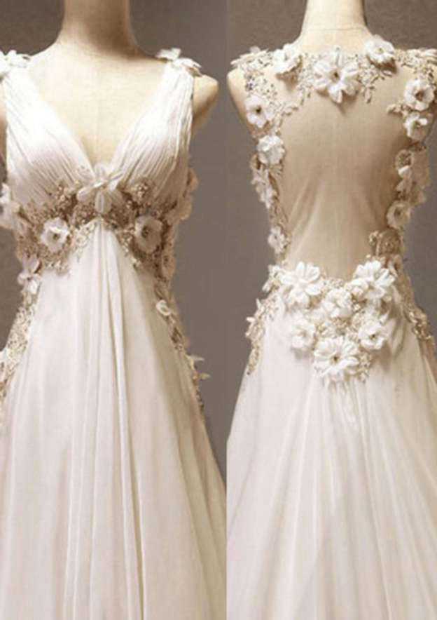 Sophisticated V-Neck Lace Wedding Dress with Sweep Train and Sparkling Beaded Accents in A-Line/Princess Style BM bride