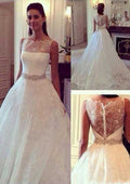 Beaded Lace A-Line/Princess Wedding Dress with Bateau Neckline and Court Train BM bride