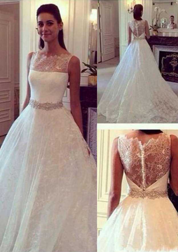 Beaded Lace A-Line/Princess Wedding Dress with Bateau Neckline and Court Train BM bride