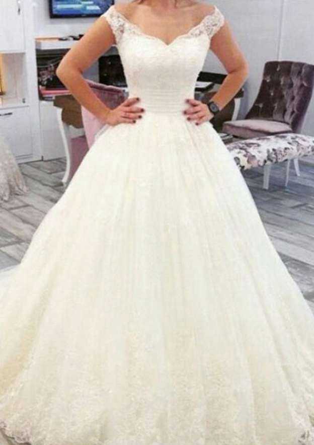 Sophisticated Pleated Lace A-Line Wedding Dress with V-Neckline and Court Train BM bride