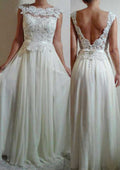 Beautiful Lace A-Line Wedding Dress with Bateau Neckline and Long/Floor-Length Skirt BM bride