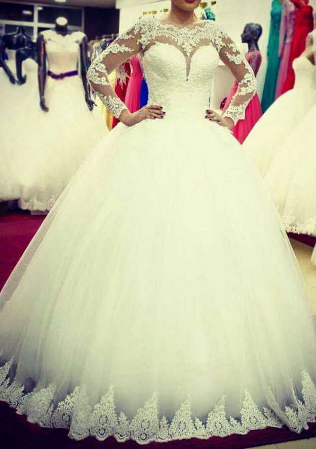 Sophisticated Bateau Neckline Lace A-Line Wedding Dress with Long/Floor-Length Skirt BM bride