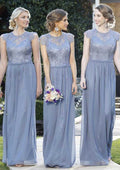 Floor-Length Chiffon Bridesmaid Dress, A-Line/Princess Cut, Sleeveless, Scoop Neck, With Appliqued And Zipper Back BM bride