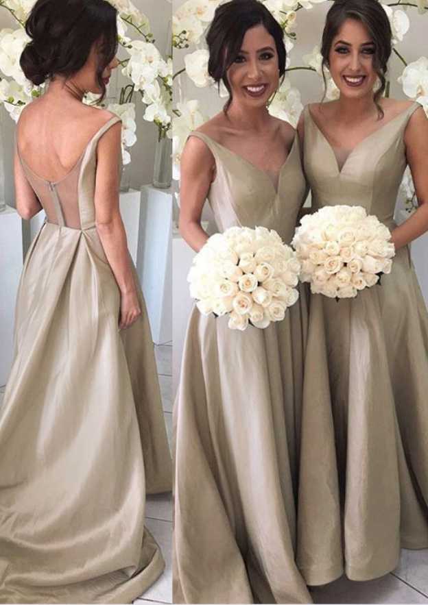 Sweep Train Taffeta Bridesmaid Dress, A-Line/Princess Style, Sleeveless, V-Neck, With Zipper Back BM bride