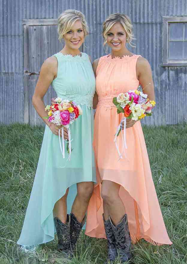 Asymmetrical Chiffon Bridesmaid Dress, A-Line/Princess Cut, Sleeveless, Bateau Neck, With Appliqued BM bride