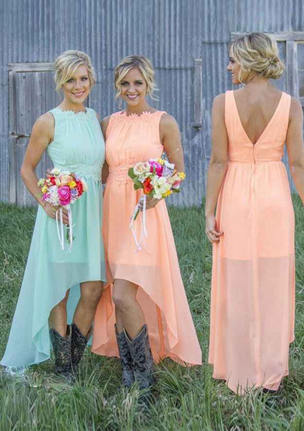 Asymmetrical Chiffon Bridesmaid Dress, A-Line/Princess Cut, Sleeveless, Bateau Neck, With Appliqued BM bride