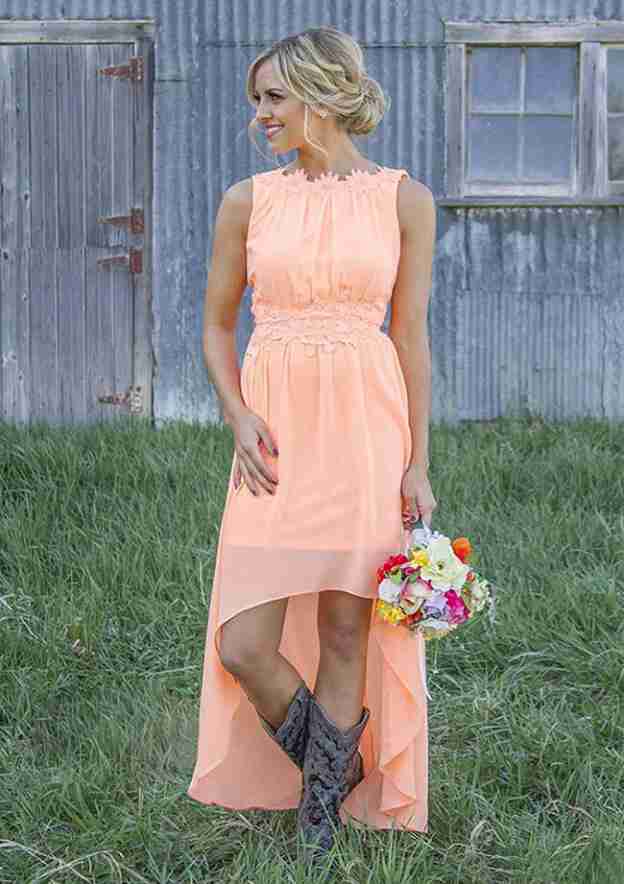 Asymmetrical Chiffon Bridesmaid Dress, A-Line/Princess Cut, Sleeveless, Bateau Neck, With Appliqued BM bride