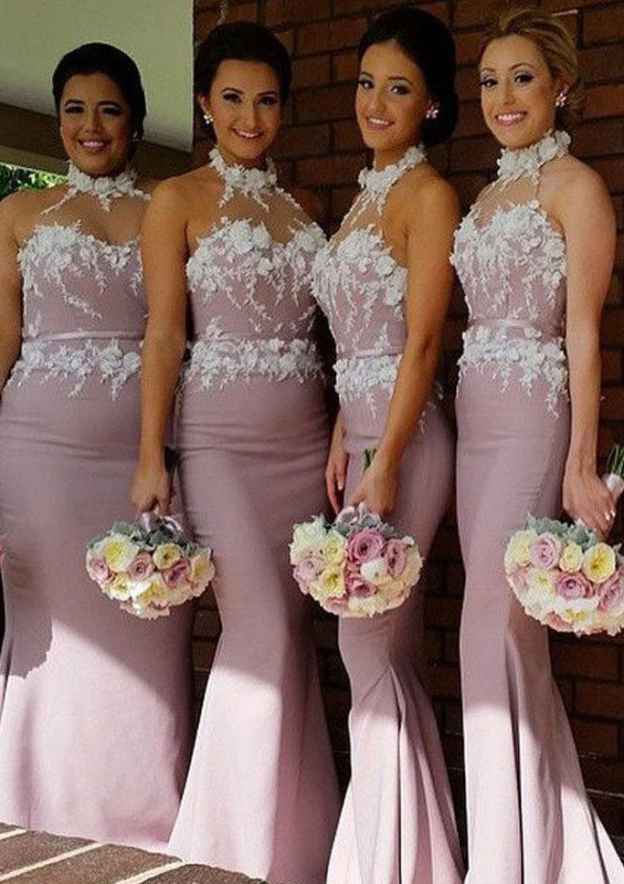 Satin Bridesmaid Dress, Sheath/Column Shape, Sleeveless, Halter Neck, Sweep Train, With Appliqued BM bride