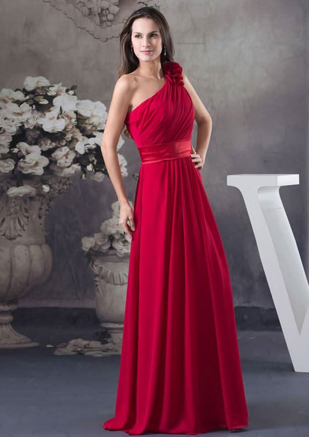 Floor-Length Chiffon Bridesmaid Dress, A-Line/Princess Style, One-Shoulder, With Flowers BM bride