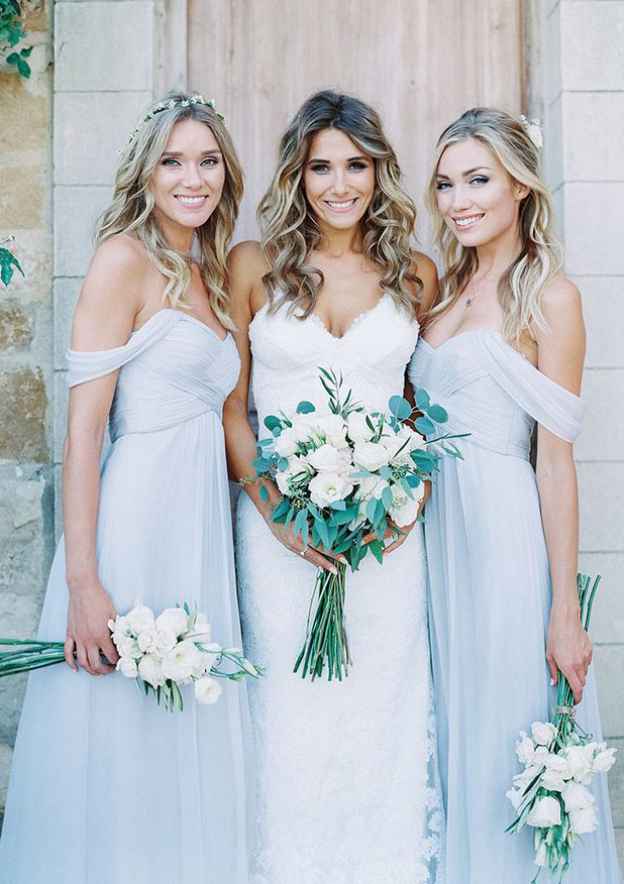 Floor-Length Chiffon Bridesmaid Dress, A-Line/Princess Cut, Off-The-Shoulder, With Pleats BM bride