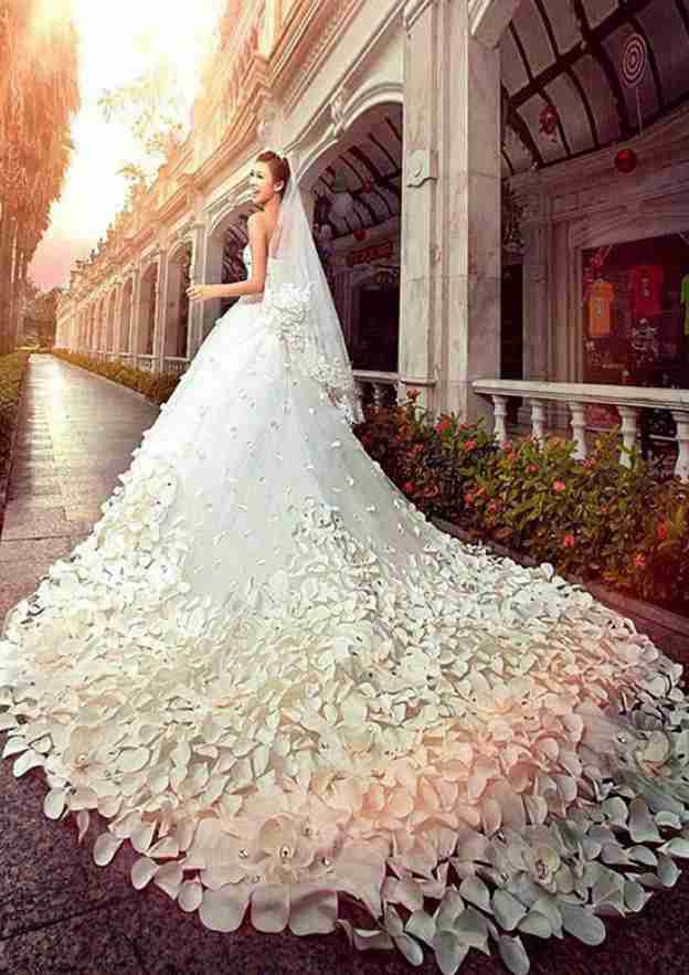 Stunning Beaded Sweetheart Appliqued Tulle Cathedral Train Wedding Dress in Refined A-Line Fit BM bride