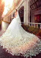 Stunning Beaded Sweetheart Appliqued Tulle Cathedral Train Wedding Dress in Refined A-Line Fit BM bride