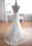Sophisticated V-Neck Sheath/Column Lace Wedding Dress with Court Train BM bride