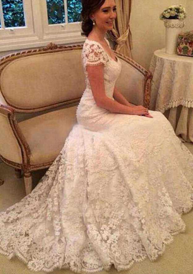 Elegant Sheath/Column Lace Wedding Dress with Short Sleeves, Pleated Court Train, and Waistband BM bride