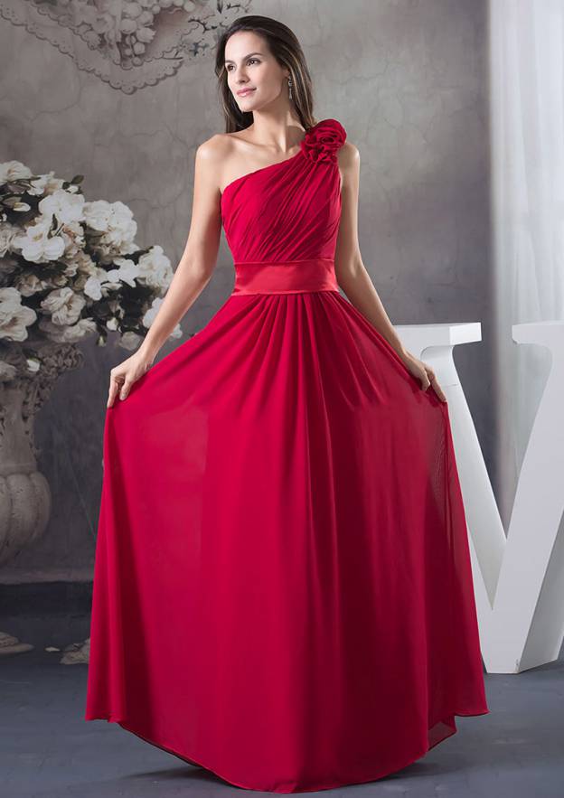 Floor-Length Chiffon Bridesmaid Dress, A-Line/Princess Style, One-Shoulder, With Flowers BM bride