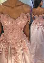 Off-The-Shoulder Appliqued Long Satin Prom Dress for A-Line Style BM bride