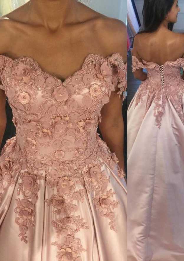 Off-The-Shoulder Appliqued Long Satin Prom Dress for A-Line Style BM bride