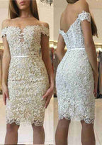 Timeless Sheath/Column Off-The-Shoulder Short Sleeve Knee-Length Lace Homecoming Dress With Beading And Waistband BM bride