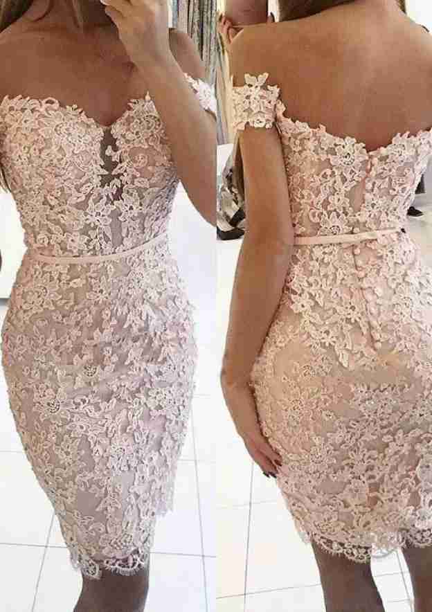 Timeless Sheath/Column Off-The-Shoulder Short Sleeve Knee-Length Lace Homecoming Dress With Beading And Waistband BM bride