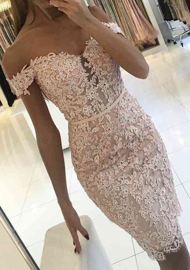 Timeless Sheath/Column Off-The-Shoulder Short Sleeve Knee-Length Lace Homecoming Dress With Beading And Waistband BM bride