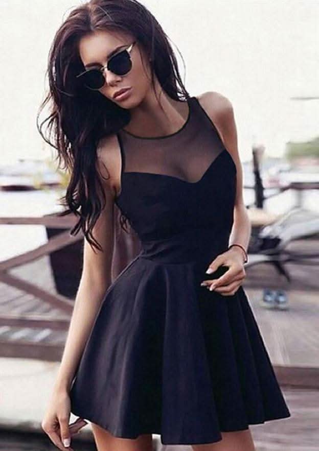 Stylish A-Line Illusion Neck Sleeveless Mini Elastic Satin Homecoming Dress BM bride