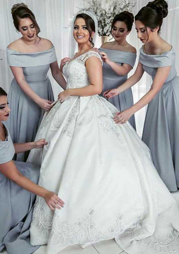 Floor-Length Elastic Satin Bridesmaid Dress, A-Line/Princess Style, Off-The-Shoulder BM bride