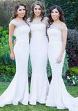 Sweep Train Elastic Satin Bridesmaid Dress, Sheath/Column Shape, Strapless, With Beading BM bride