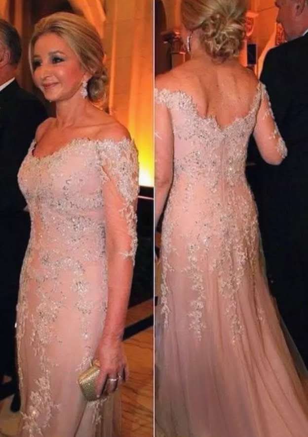 Tulle Mother of the Bride Dress Sheath/Column Off-The-Shoulder Long/Floor-Length with Appliqued Beaded BM bride