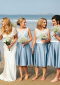 Knee-Length Satin Bridesmaid Dress, A-Line/Princess Cut, Bateau Neck, With Lace Waistband BM bride
