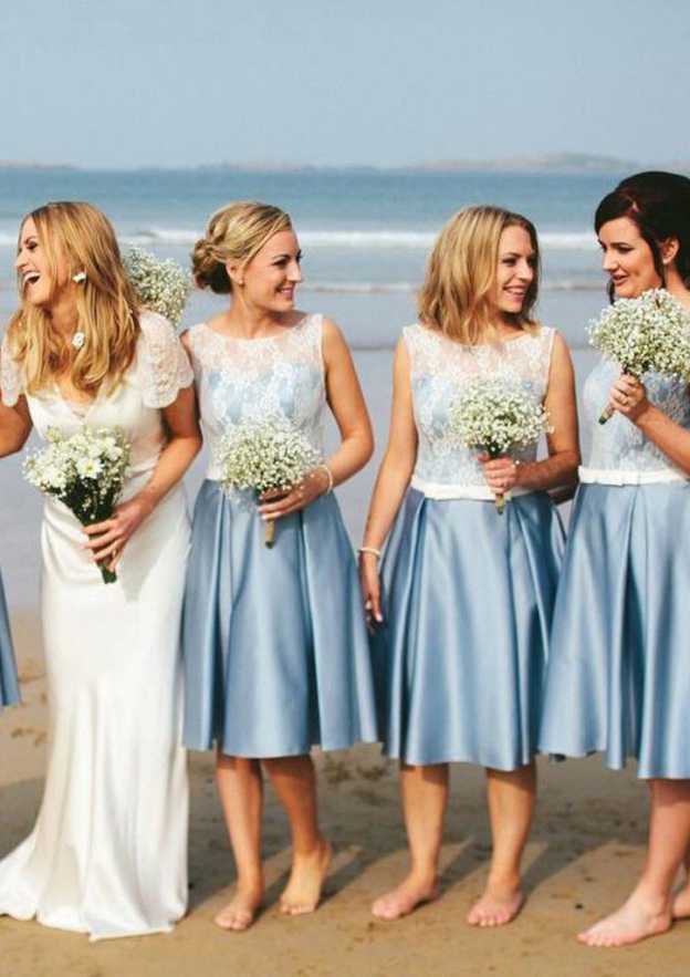 Knee-Length Satin Bridesmaid Dress, A-Line/Princess Cut, Bateau Neck, With Lace Waistband BM bride