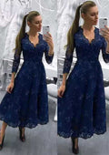 Lace Mother of the Bride Dress A-Line/Princess V-Neck Tea-Length with Beading BM bride