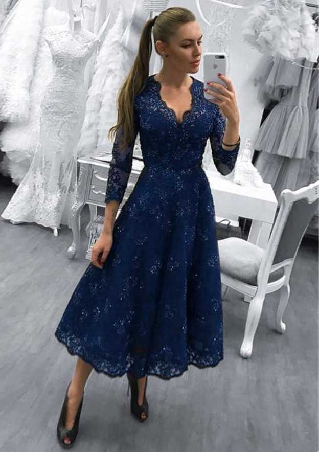 Lace Mother of the Bride Dress A-Line/Princess V-Neck Tea-Length with Beading BM bride