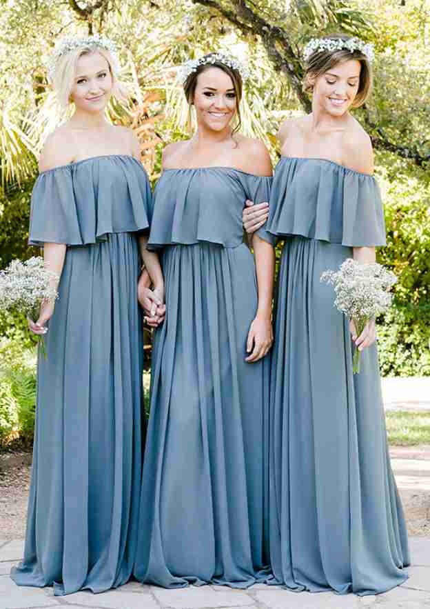 Floor-Length Chiffon Bridesmaid Dress, A-Line/Princess Cut, Off-The-Shoulder, With Ruffles BM bride