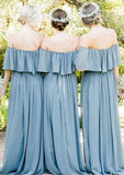 Floor-Length Chiffon Bridesmaid Dress, A-Line/Princess Cut, Off-The-Shoulder, With Ruffles BM bride