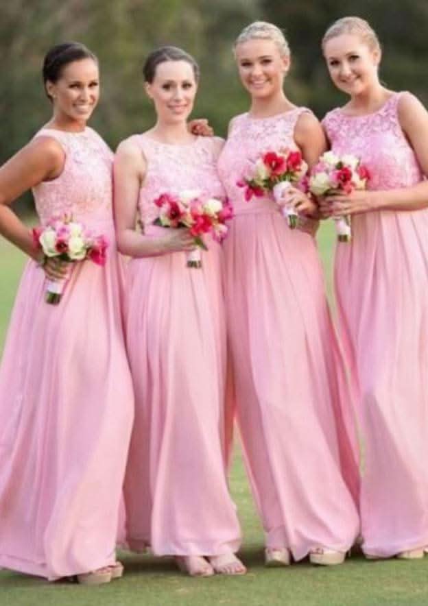 Floor-Length Chiffon Bridesmaid Dress, A-Line/Princess Cut, Bateau Neck, With Lace BM bride