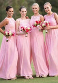 Floor-Length Chiffon Bridesmaid Dress, A-Line/Princess Cut, Bateau Neck, With Lace BM bride