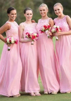 Floor-Length Chiffon Bridesmaid Dress, A-Line/Princess Cut, Bateau Neck, With Lace BM bride