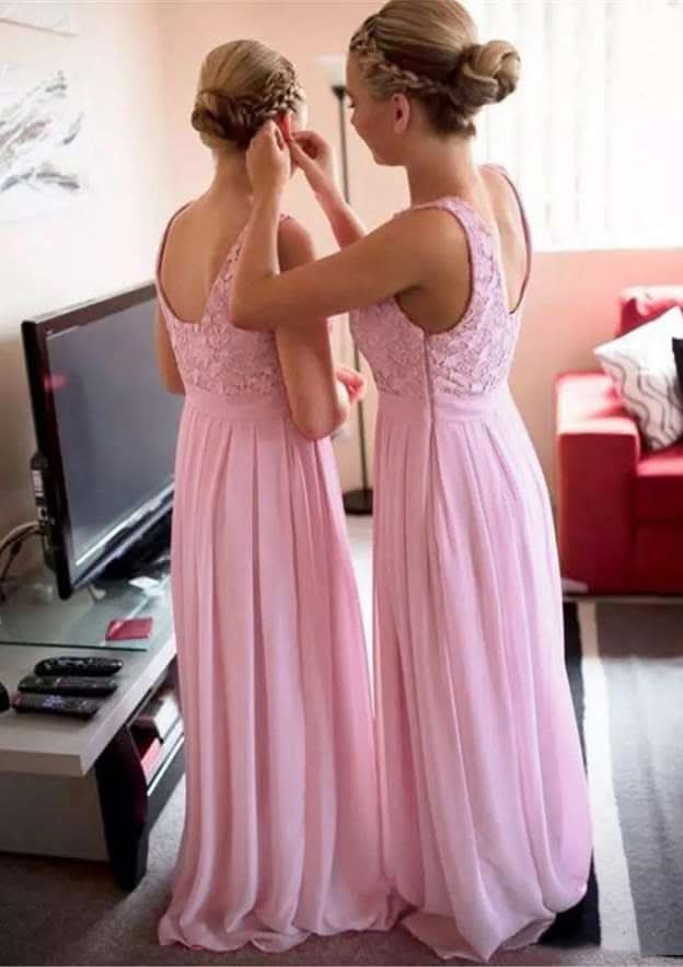 Floor-Length Chiffon Bridesmaid Dress, A-Line/Princess Cut, Bateau Neck, With Lace BM bride